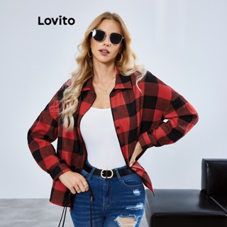 Lovito Casual Blusa Básica de Vichy com Botões Frontais para Mulheres LBE01063 (Vermelho)