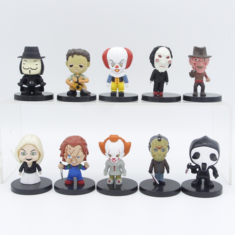 Filmes De Terror América 10pcs/set Joker Pennywise Ghost Leatherface Chucky Jason Figura Modelo De Brinquedos