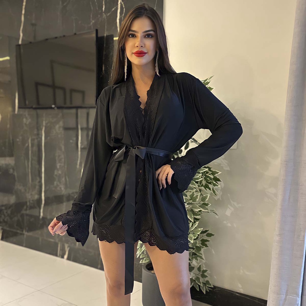 Robe Manga longa Sensual Renda Liganete Lingerie Luxo