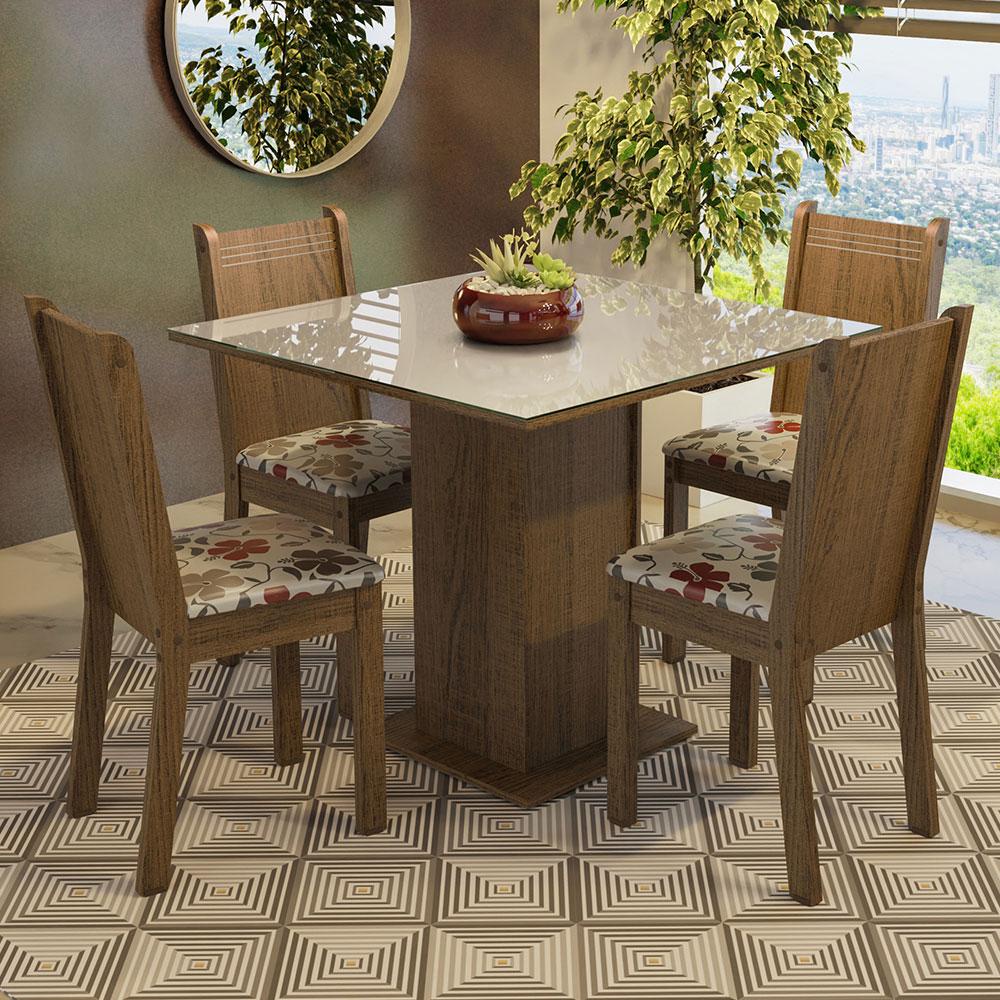 Conjunto Sala de Jantar Mesa Tampo de Vidro 4 Cadeiras Rustic/Crema/Hibiscos Perla Madesa - Home & Living