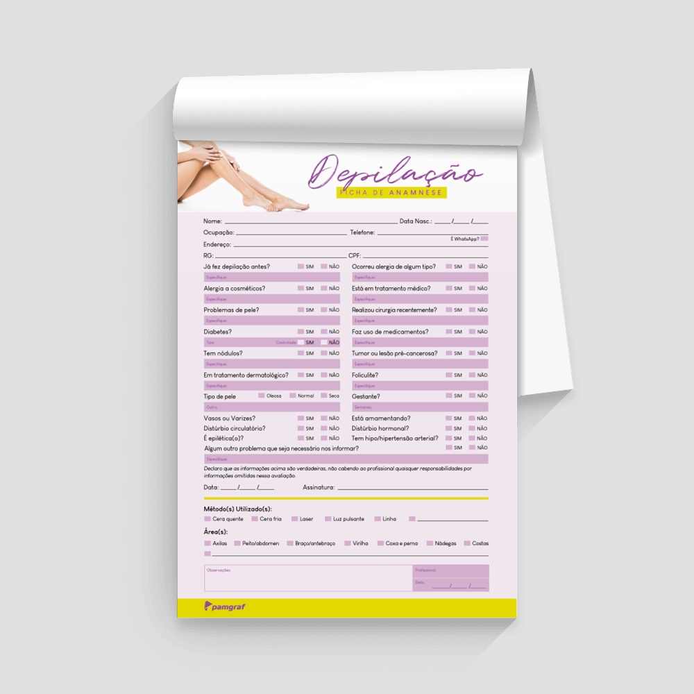 1 Ficha Anamnese de Depilação Bloco com 100 Fls - 14,8x21cm