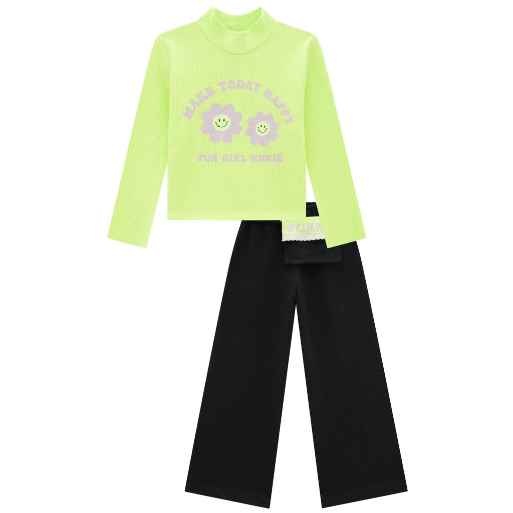 Calça Feminina Pantalona Moletom Blusa Canelada Estampada Conjunto Roupa Infantil Kukie Festa Luxo