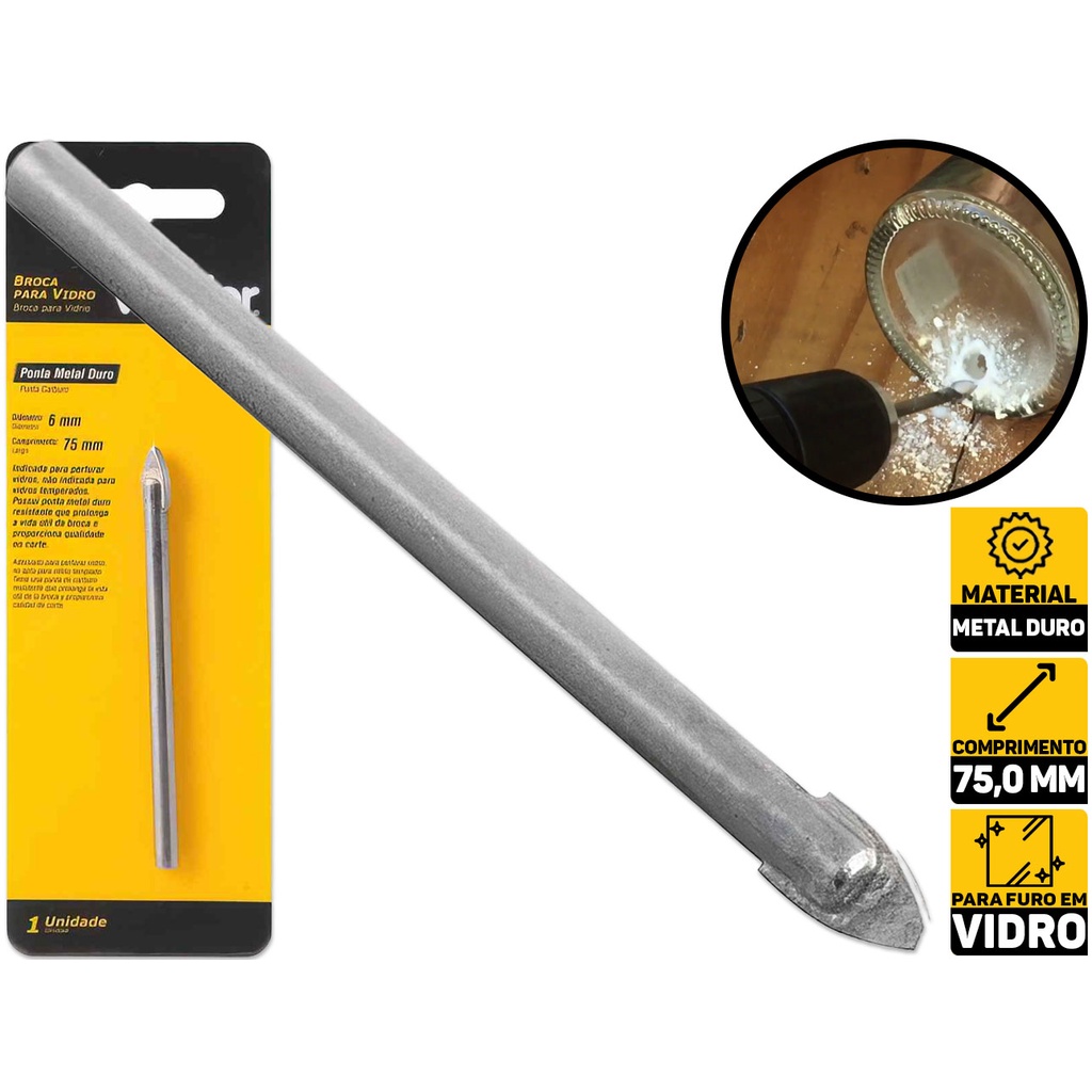 Broca Para Vidro Porcelanato Cerâmica 6mm X 75mm Vonder 5320006075 em Oferta na Shopee