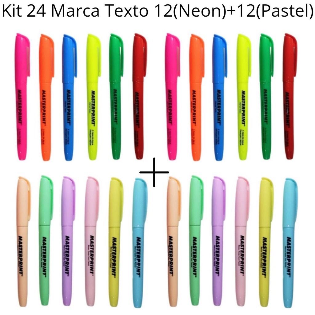 Kit 24 Marca Texto (12 Neon + 12 pastel) Marca textos Masterprint