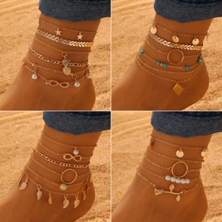 Vintage Tendência Ouro Prata Multilayer Anklets for Women Heart Leaf Símbolo Infinito Anklet Beach Jóias De Férias Presentes