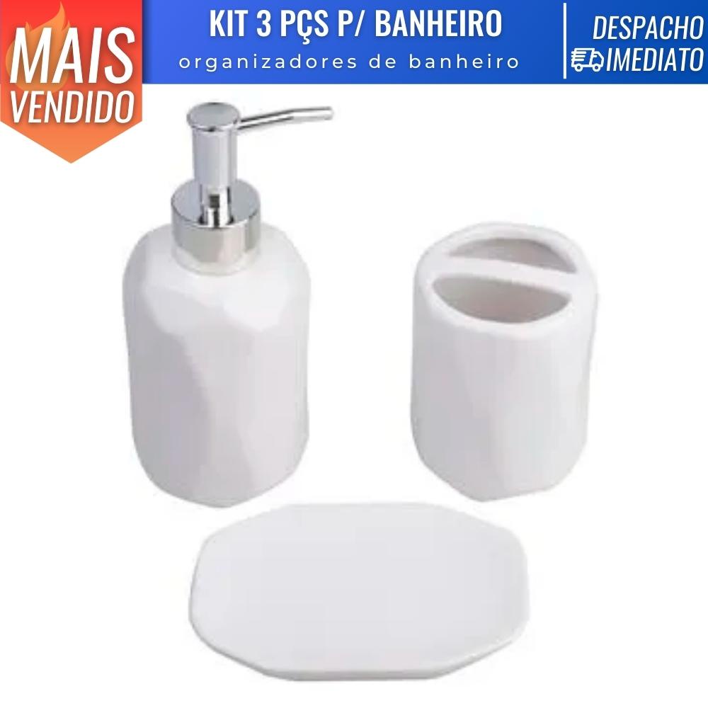 Kit 3 pçs P/ Banheiro em Cerâmica c/ Dosador Porta Sabonete Liquído Escova