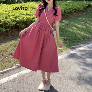 Lovito Casual Vestido Feminino Liso Maxi Evasê de Manga Curta Bufante com Bolso e Decote V LNE11190 (Rosa)