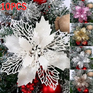 10Pcs Flores De Natal Glitter Florals Fake Flowers Feliz Árvore Decoração Xmas Ornament Party Suprimentos