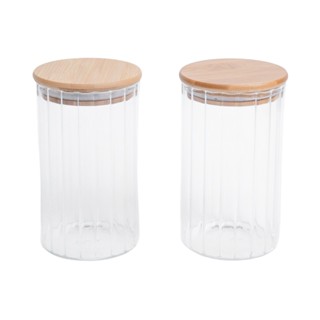 Kit 2 potes vidro canelado com tampa de bambu 800ml - Oikos