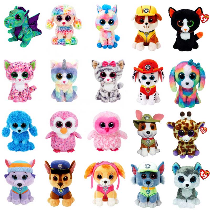 15CM TY Big Eye Beanie de pelúcia animal de pelúcia gato unicórnio Fox Cão de veado dinossauro boneca brinquedo presente de Natal FTNY