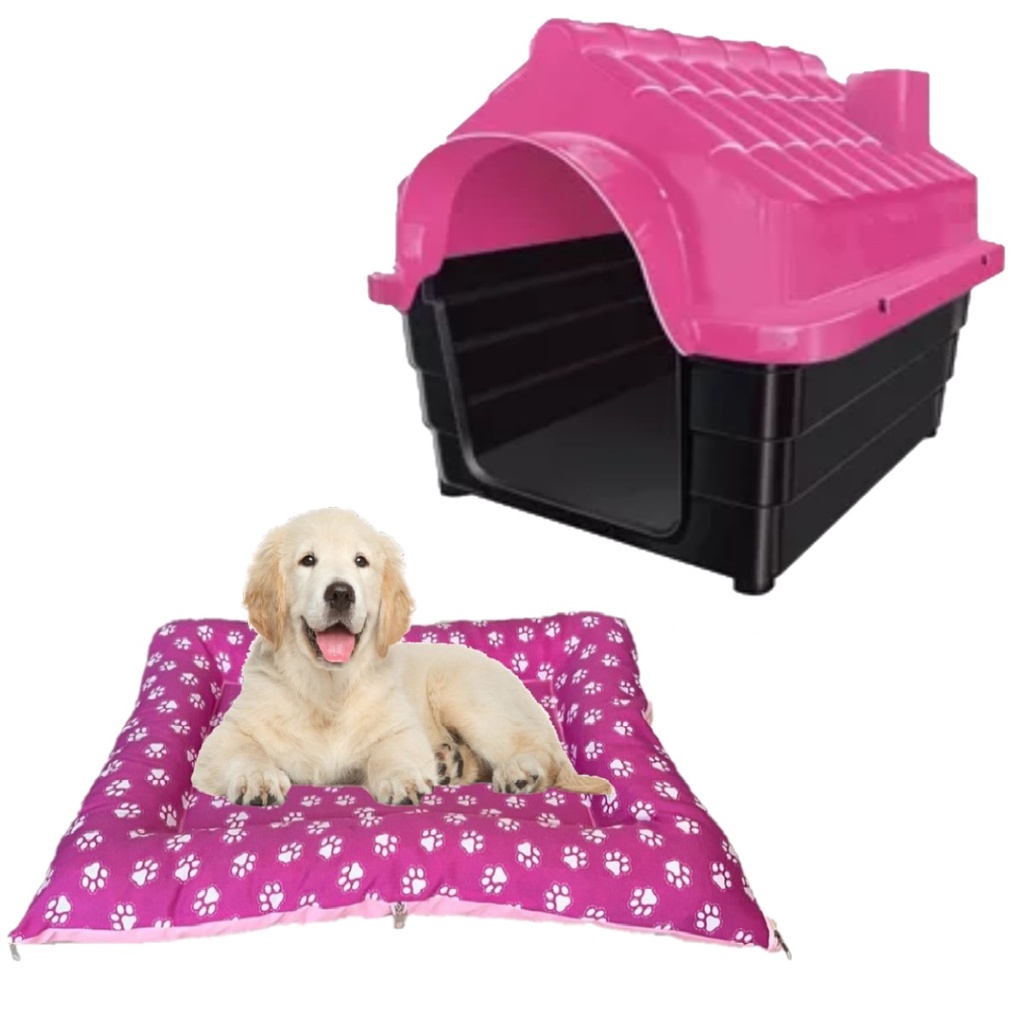 Cama Quadrada Acolchoada Pet + Casinha N4 Dog Pet Shop Rosa