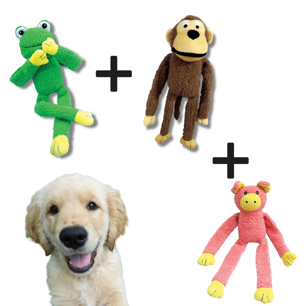 Kit 3 Bichinho de Pelúcia para Cachorro Pet Mordedor Macaco Sapo Porco com Apito Som