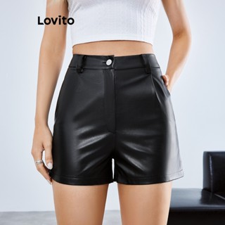 Lovito Casual Shorts Pu Lisos com Bolsos com Zíper para Mulheres LBE01022 (Preto)