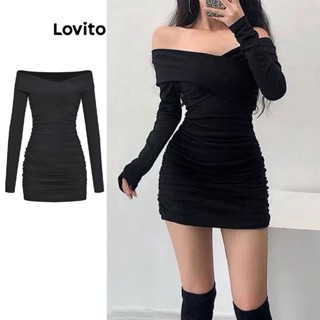 Lovito Vestido Elegante com Babados para Mulheres L59ED141 (Preto)