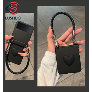 Caixa De Telefone LUSHUO Para Samsung Galaxy Z Flip 5 4 3 Love Heart Black Com Corrente Flip5 ZFlip5 ZFlip 5 Flip4 Flip3 ZFlip4 ZFlip3