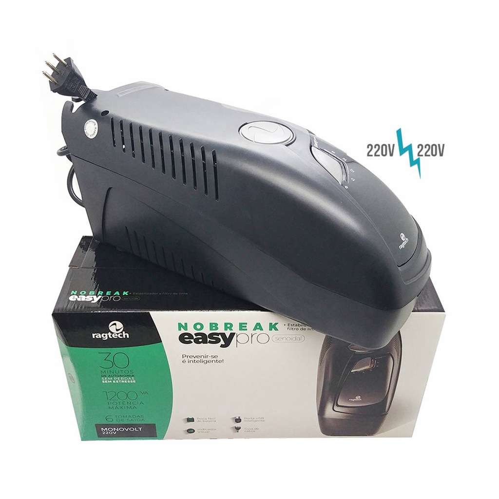Nobreak 220V Senoidal Puro 1200VA 840W Entrada e Saída 220V Porta USB Inteligente + Estabilizador e Filtro Ragtech 4163