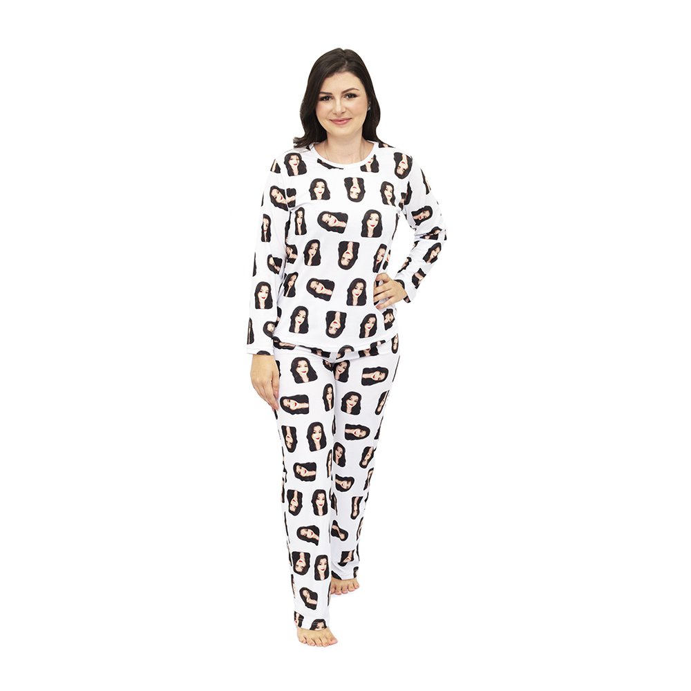 Pijama Feminino Personalizado - Customize Pijamas com Suas Fotos - Pijamas para Toda a Família - Branco