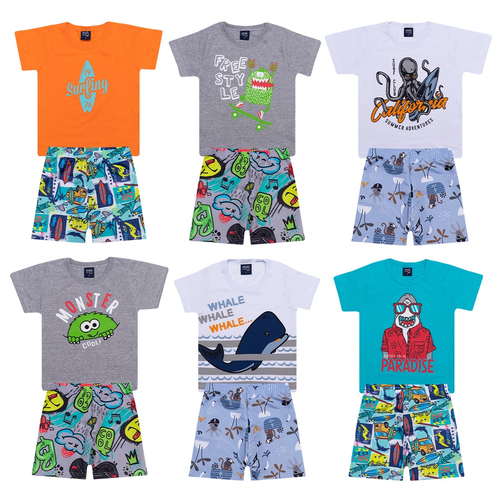 Kit Sortido 10 Peças de Roupas Verão Infantil Menino Tactel - 5 Camisetas + 5 Bermudas - Kit com 5 Conjuntos de Roupa Infantil Menino Tactel
