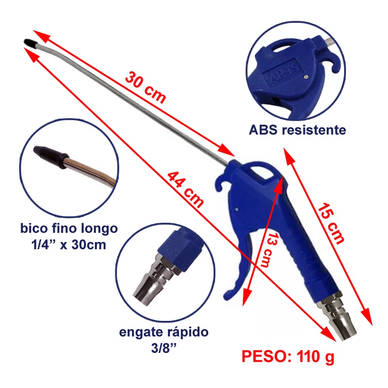Pistola De Limpeza Para Compressor Bico Fino Longo 30cm Ar Comprimido Com Gatilho Corpo Em ABS em Oferta na Shopee