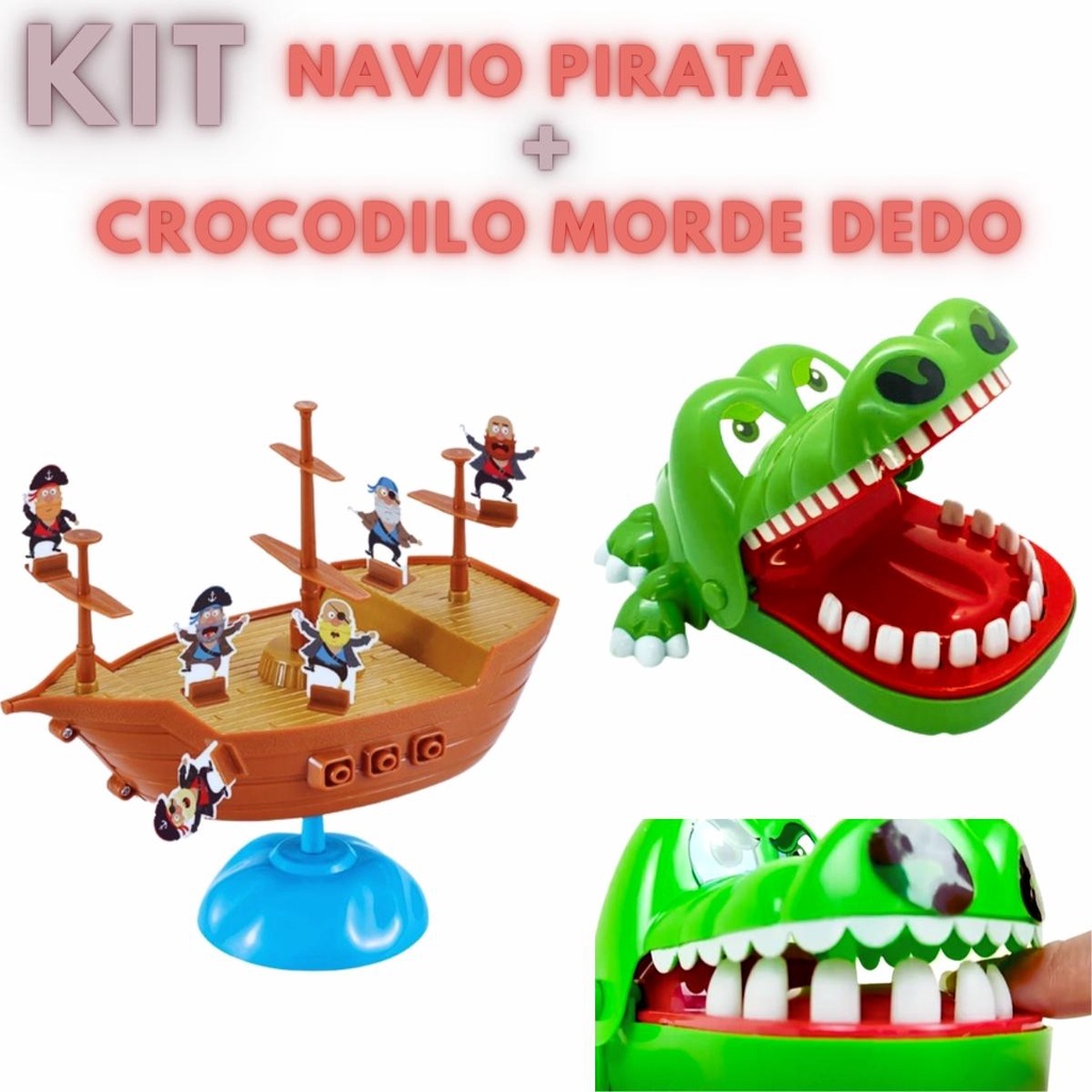 Brinquedo Infantil 2 Jogos Crocodilo Dentista Jacaré Morde o Dedo Desafioe Navio Pirata Combo