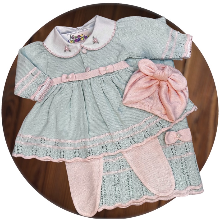 Saída Maternidade Vestido Tricô Bebê Laço Perolas Verde Rosa