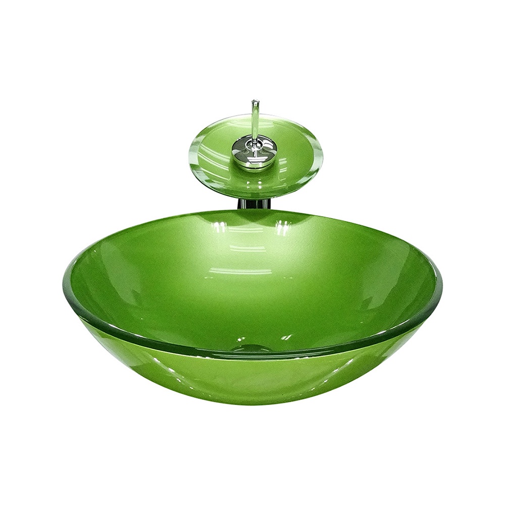 CUBA DE VIDRO REDONDA 31CM VERDE OLIVA + VALVULA + TORNEIRA CASCATA