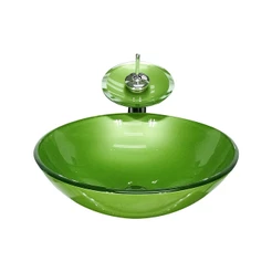 CUBA DE VIDRO REDONDA 31CM VERDE OLIVA + VALVULA + TORNEIRA CASCATA