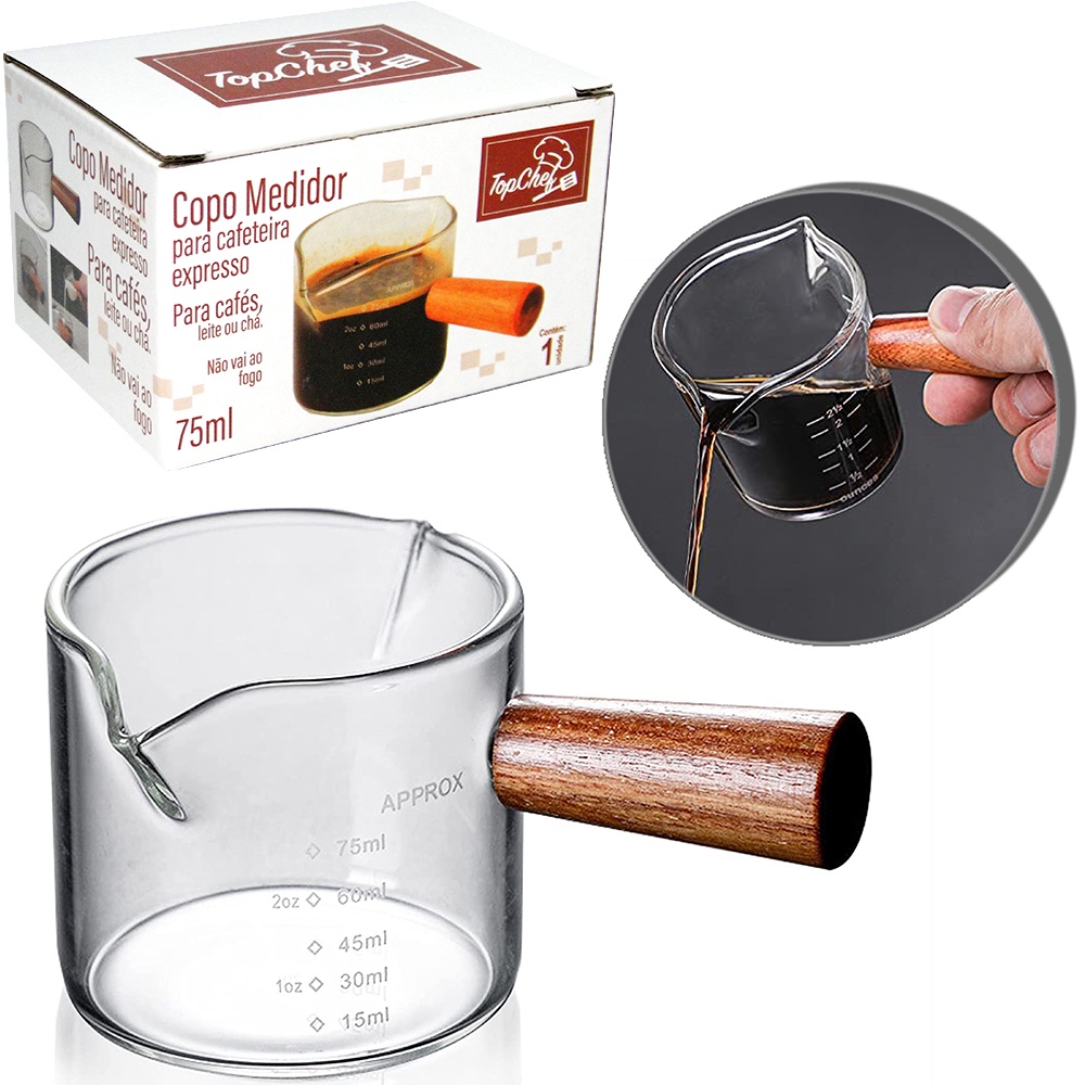 COPO MEDIDOR GRADUADO P/ CAFETEIRA EXPRESSO DE VIDRO 2 BICOS + ALCA DE MADEIRA 75 ML