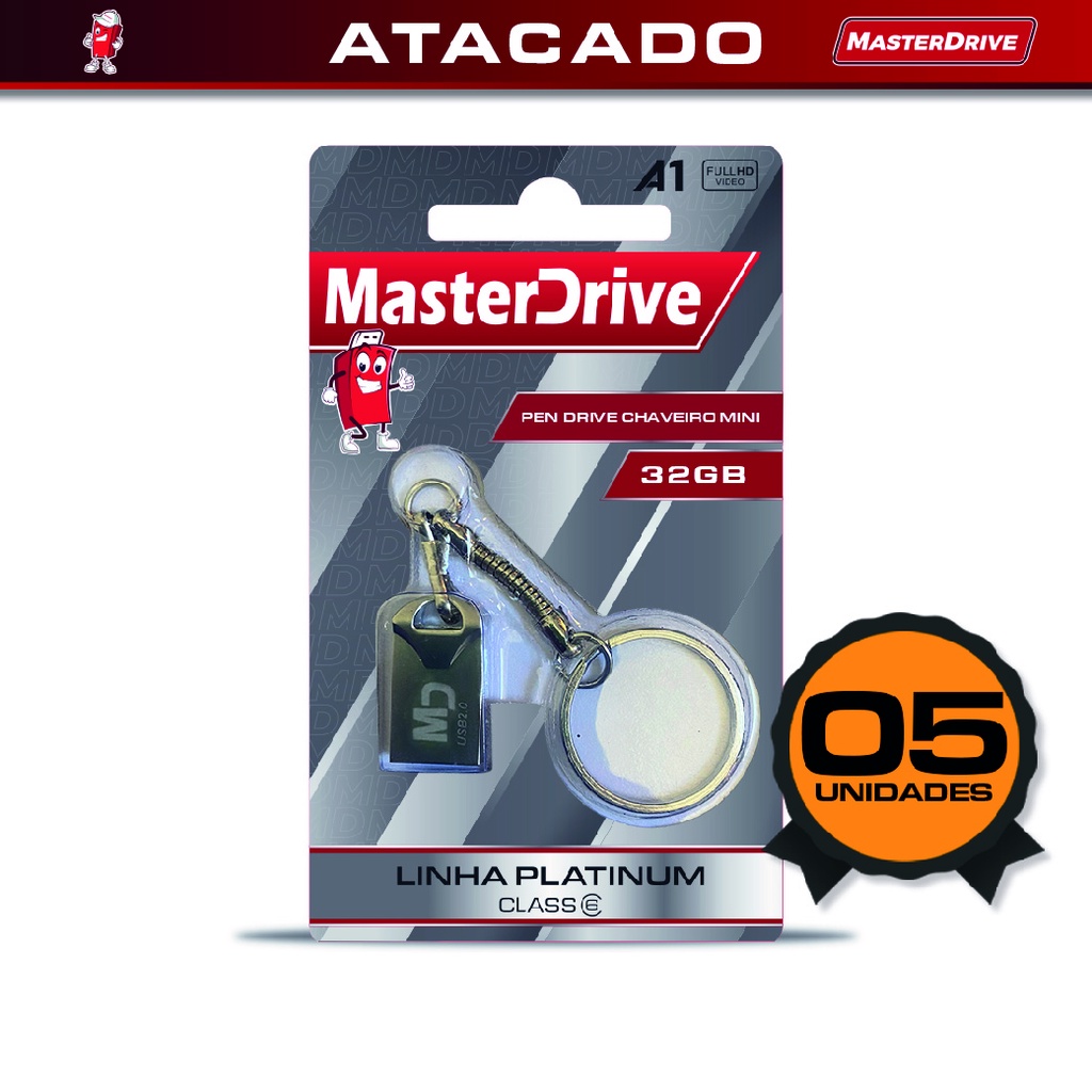 Kit 5 Mini Pendrive 32GB MasterDrive PLATINUM Pen Drive 32GB Nano Fit Rápido Tipo Chaveiro Original