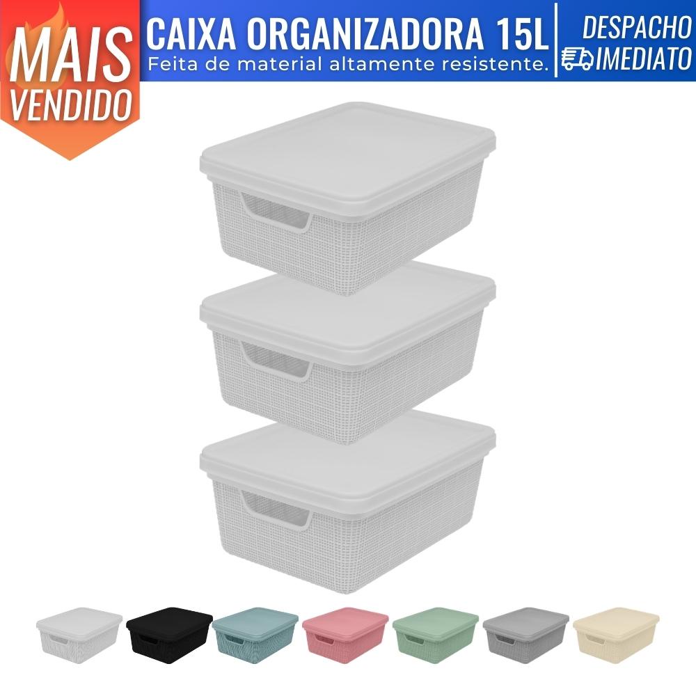 Kit 3 Cesto Caixa Organizadora c/ Tampa 39x27 15L Gaveta Armário Organização de Casa Lavanderia