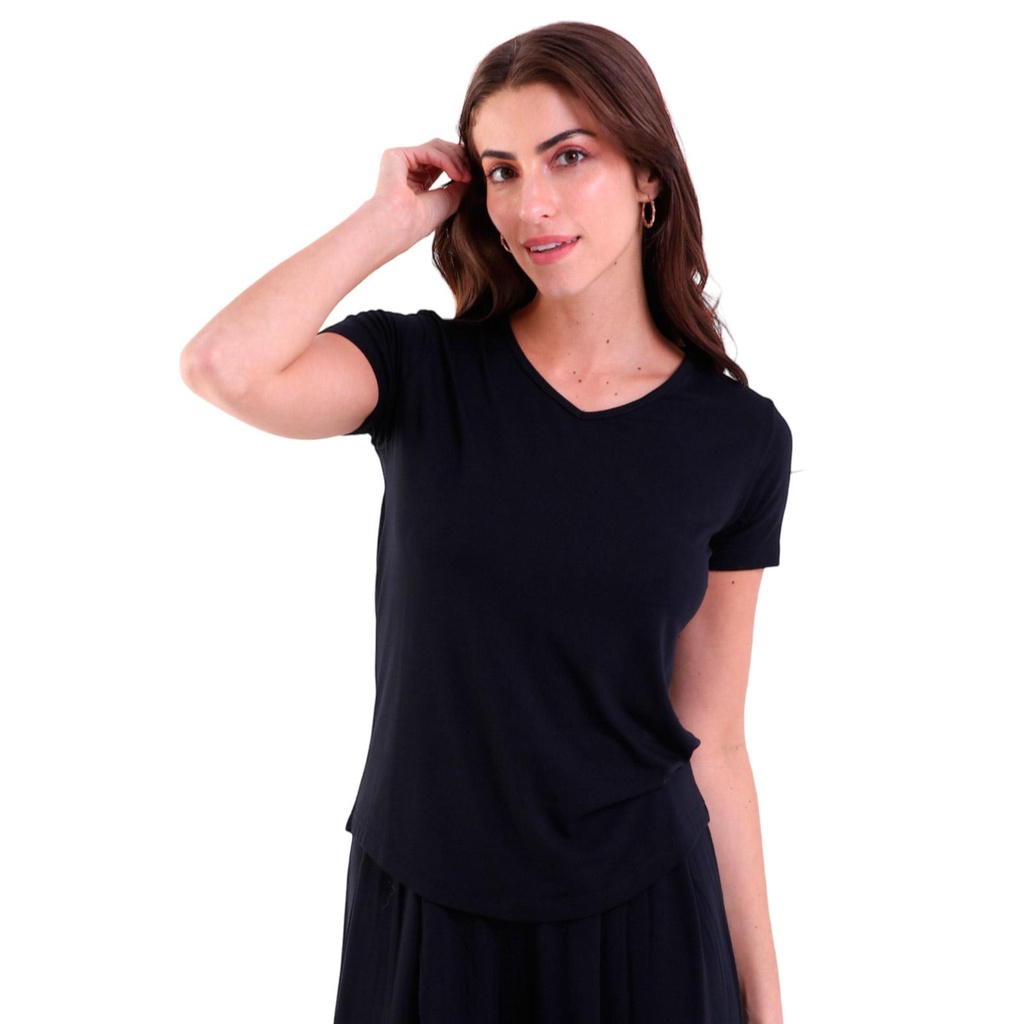 Blusa Feminina Baby Look Decote V Visco Trendz Preto em Oferta na Shopee