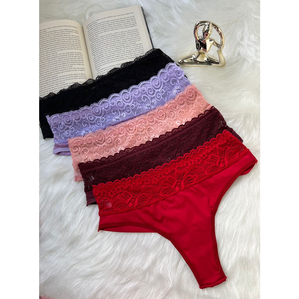 Kit 10 Calcinha Fio Duplo Cós Alto Rendada Cintura Alta em Oferta na Shopee