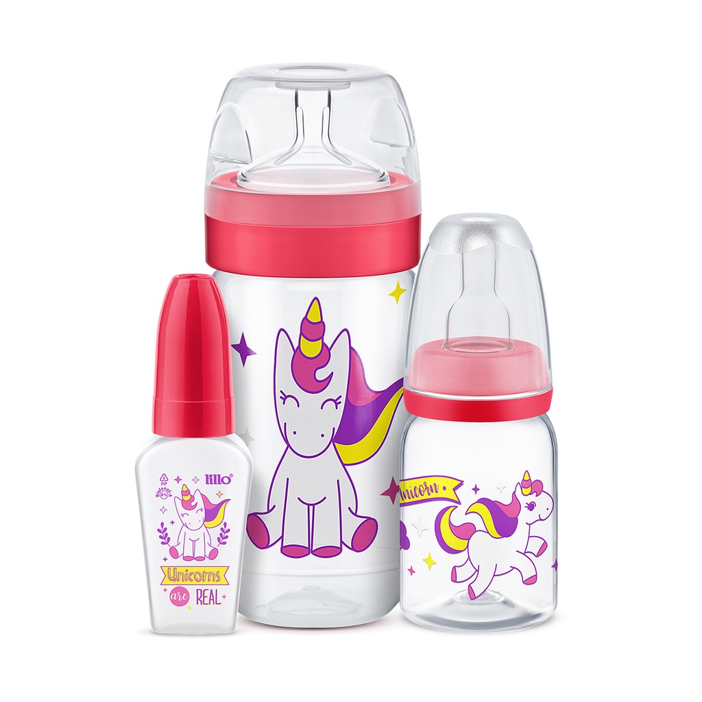 Kit Com 3 Mamadeiras Evolution 50/120/300ml Unicornio Lillo - Mom & Baby