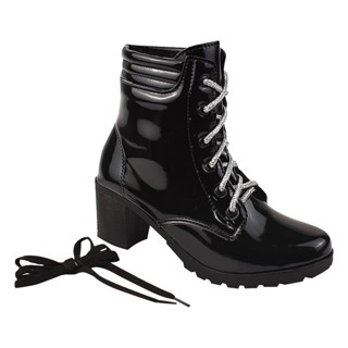 Bota Coturno Feminino Salto Grosso Tratorado Preto Verniz Brilho Blogueira Estilo