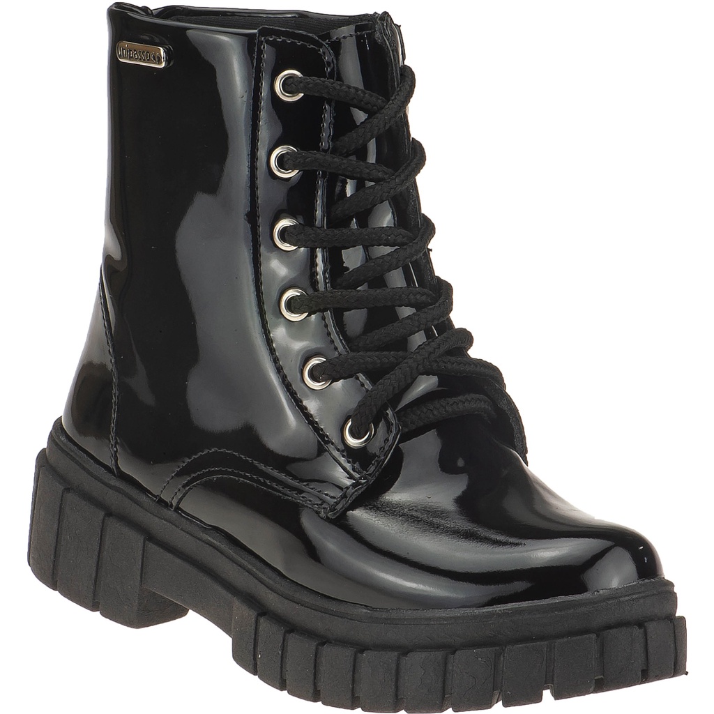 Bota Coturno Tratorado Salto Preto Verniz Blogueira Plataforma Menina Nº 28 ao 36 Luxo Infantil Feminina