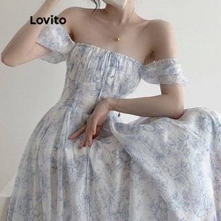 Lovito Casual Vestido Feminino Floral com Zíper e Ombro de Fora LNA11059 (Azul)