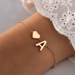 Moda Bonito Ouro Prata Banhado Pequeno Coração Letra Inicial Corrente Pulseira Feminino Presente Alfabeto Jóias Acessóri
