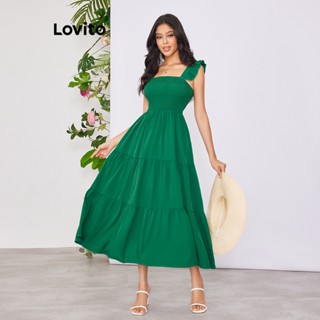 Lovito Vestido Estilo Bata de Babados e Tecido Liso para Mulheres LBE02064 (Verde Escuro)