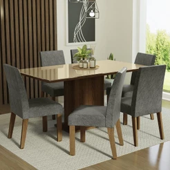 Conjunto Sala de Jantar Mesa Tampo de Vidro 6 Cadeiras Rustic/Crema/Silver Alexis Madesa