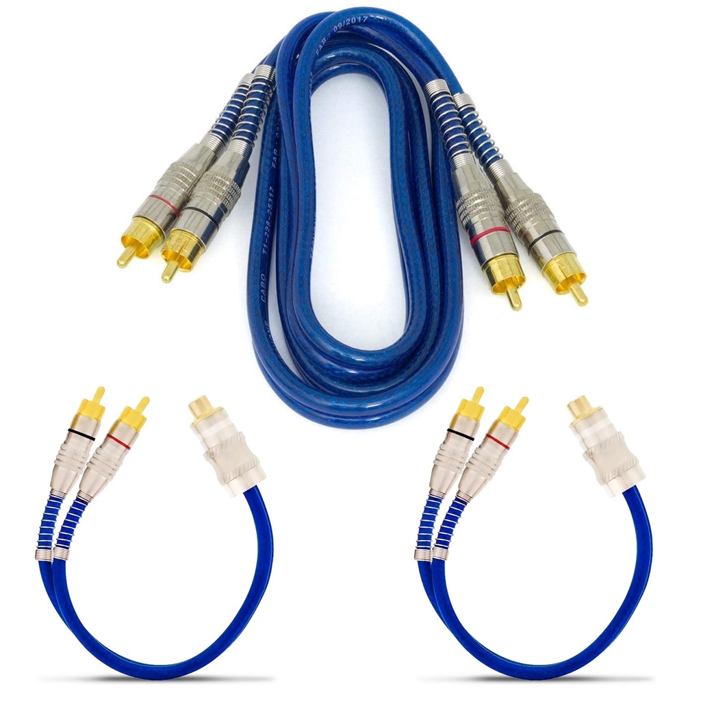 Kit 01 Cabo RCA Para Som Automotivo + 02 Cabos Y Prime Plug Metal Azul - Spare Parts and Accessories for Vehicles