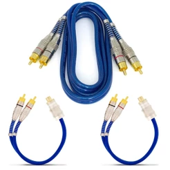 Kit 01 Cabo RCA Para Som Automotivo + 02 Cabos Y Prime Plug Metal Azul