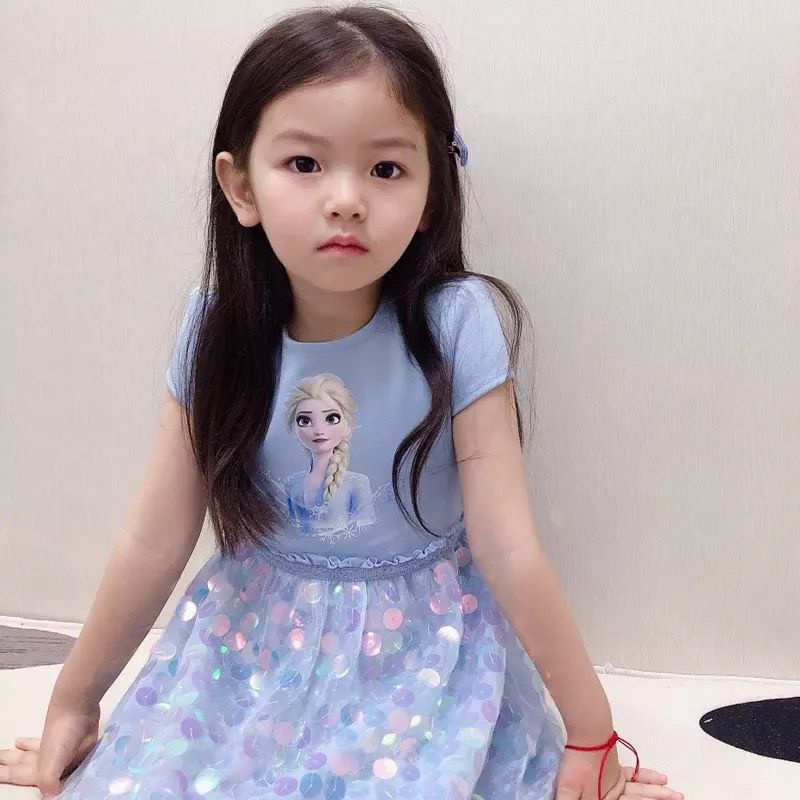 Meninas saia verão 2023 vestido de manga curta azul gelo princesa Elsa crianças sereia lantejoulas vestido de princesa