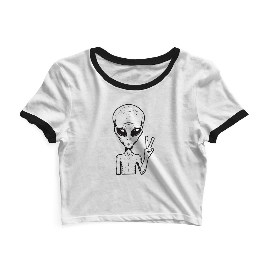 Cropped Blusinha As Braba Alien paz e amor Branco Viés Preto