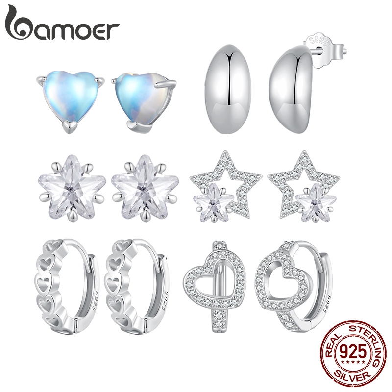 Bamoer 925 Sterling Sliver Moonstone Earl Stud E Brincos Estrela Em Forma De Coração Para Jóias De Moda Feminina