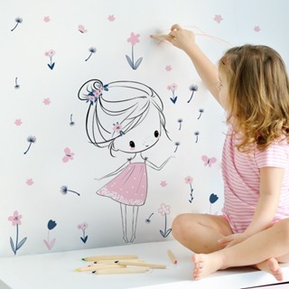 Autocolante de parede Girl Flower Butterfly Dandelion Wall Sticker, Fundo de Casa Decoração de parede Wall Sticker