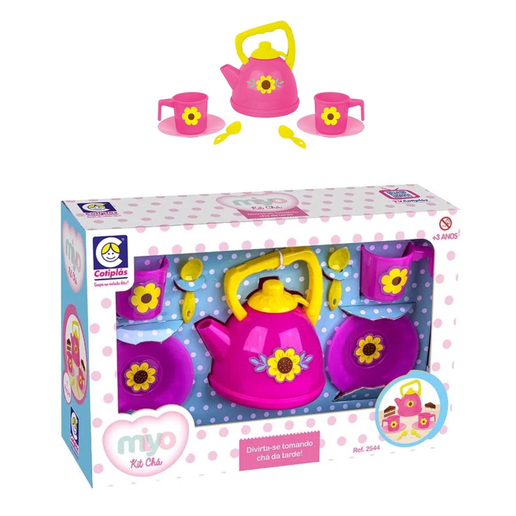 Brinquedo Miyo Kit Hora do Chá Composto por Pires, Colher, Bule e Xicaras em Plástico Rosa e Amarelo Cotiplas - 2544