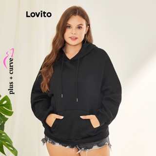 Lovito Moletom Plus Size com Capuz e Bolso Frontal para Mulheres LBE01028 (Preto)