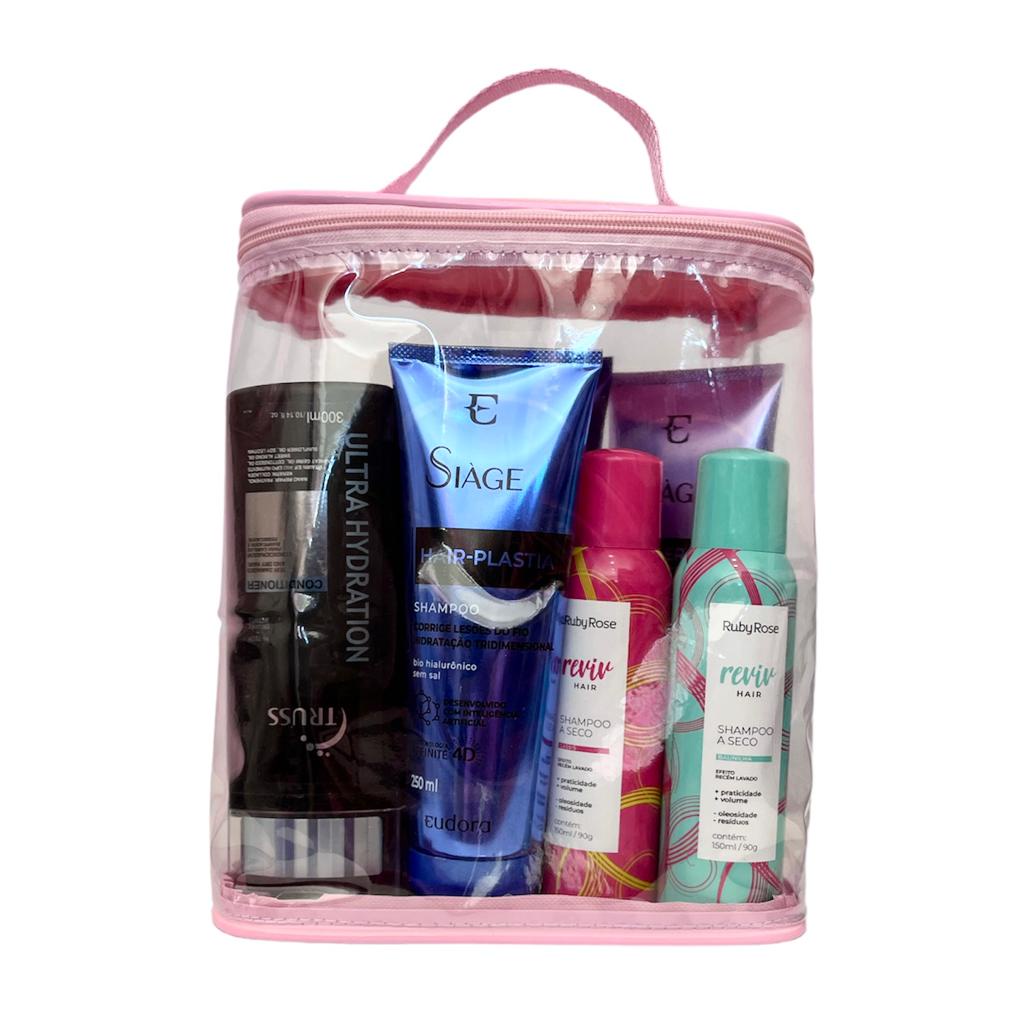 PORTA SHAMPOO transparente e ROSA necessaire para viagem, organizar cremes 24 x 20 x 9 cm