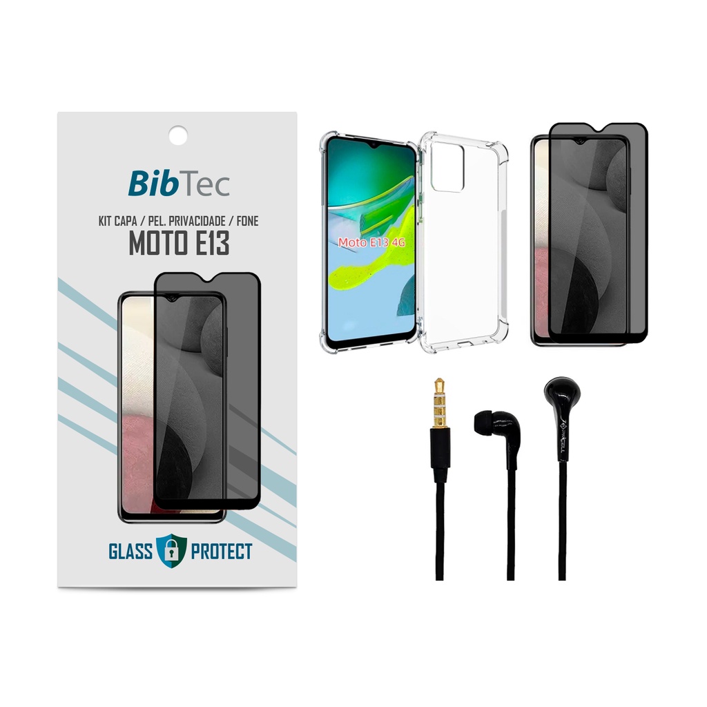 Kit Película Privacidade 3D + Capa Transparente + Fone de Ouvido Motorola MOTO E