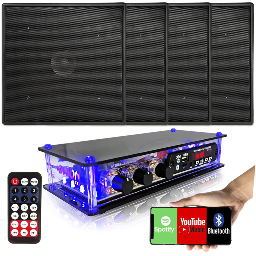 Kit Som Ambiente 4 Arandela Quadrada + Amplif Bluetooth Usb